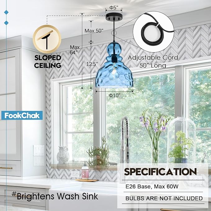 Coastal Pendant Light Blue Hammered Glass Kitchen Island Lights 10in Large Pendant Hanging Light for Dining Room Kitchen Sink Hallway Entrance, E26