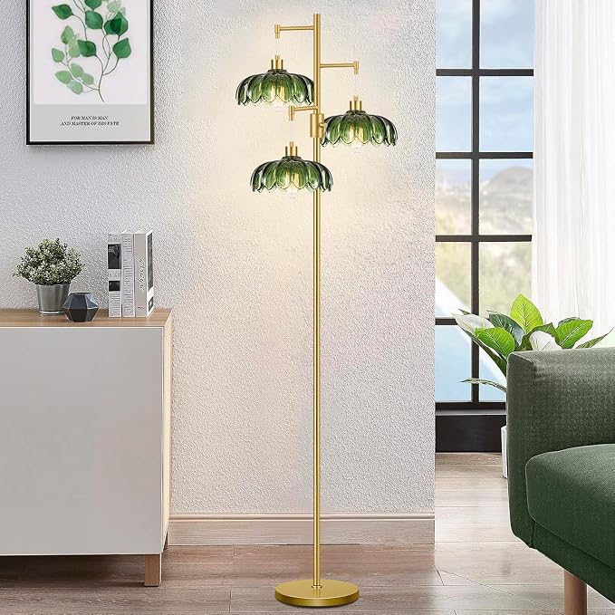 Dimmable Floor Lamps for Living Room Bedroom-3 Light Gold Floor Lamp with Glass Lampshape, Flower Tall Lamp Mid Century Modern Standing Lamp Glass Tree Floor Lamps for Living Room Bedroom,Corner