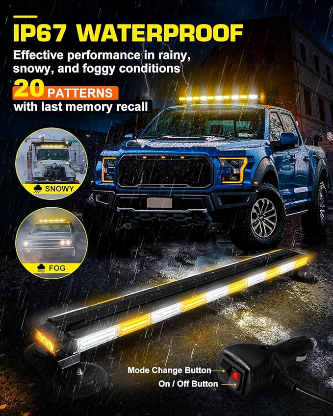 42" Roof Top Strobe Light Bar Amber White Emergency Traffic Advisor Lights, Double Side Warning Safety Flashing w/Magnetic Mount for Construction Vehicles Plow Trucks Pickup, Amber/White