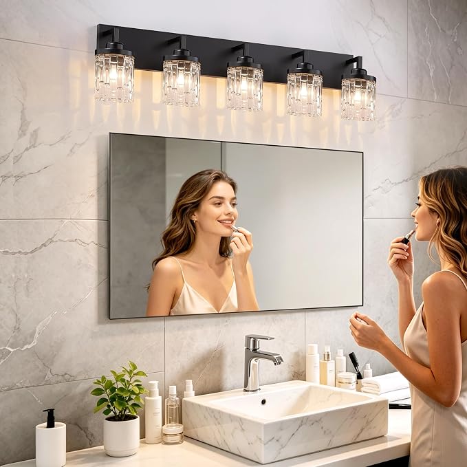 maesta Black Bathroom Light Fixture,5 Light Modern Vanity Light Over Mirror | Modern Vanity Light, Black Metal & Crystal Glass Fixture, Anti-Rust, Easy to Install for Bathroom Hallway Bedroom Entryway