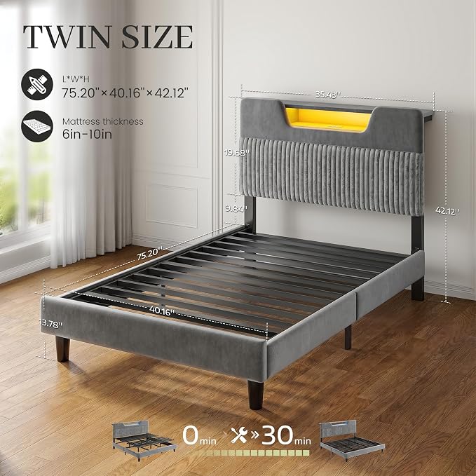 Homkdom Twin Bed Frame with Charging Station & Storage Headboard,Grey | 1USB-C & 2USB-A Charging, RGB LED Lights,7.78" Under-bed Storage,Velvet Upholstered Headboard,No Box Spring,Easy Assembly.