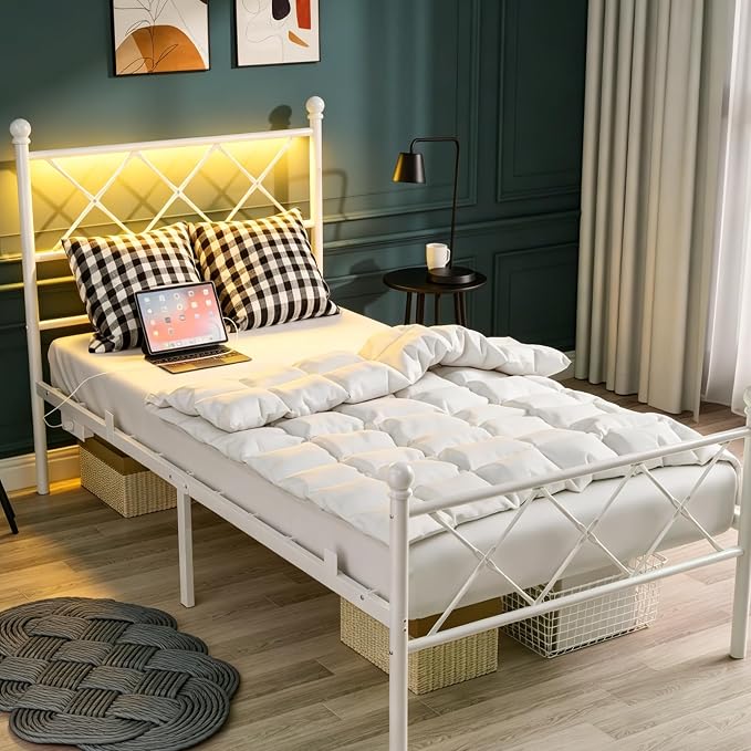 VINGLI Twin Bed Frame with LED Lights & Charging Station, Metal Platform Bed Frame with Headboard, USB Ports, Under Bed Storage, Noise Free, No Box Spring Needed, Easy Assembly, White