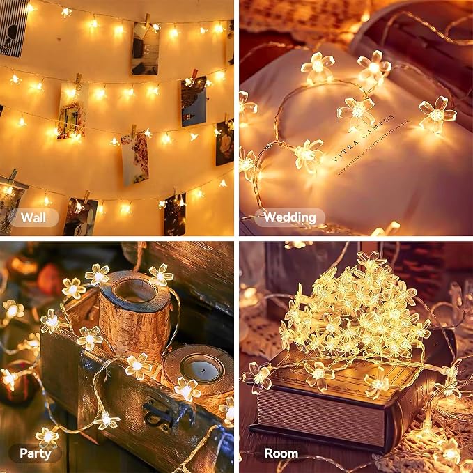 Flower Fairy Light Battery Operated Indoor String Lights 30LED Cherry Blossom Lights Waterproof Decoration for Christmas,Camping,Garden Fence,Birthday,Terrace,Yard,Wedding Party,Bedroom