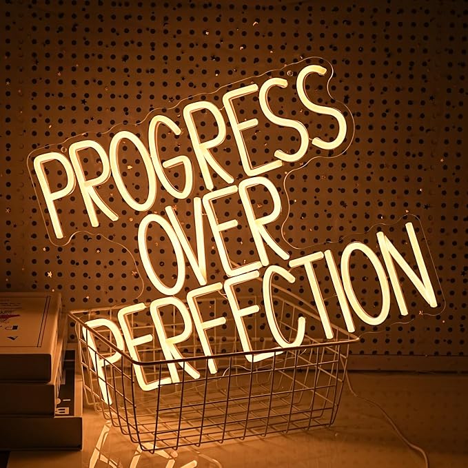 Progress Over Perfection Neon Sign for Wall Decor Dimmable Warm White Words Led Light Up Sign USB Powered LED Letters Neon Light for Classroom Bedroom Library Study Room(16.5 * 12.6In)
