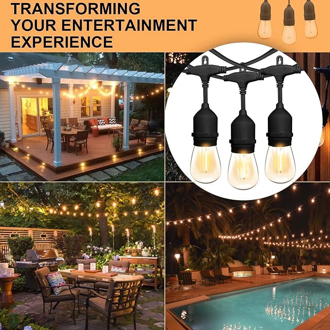 Outdoor String Lights, 50FT Waterproof Patio Lights with 1W Dimmable LED Bulbs, Hanging String Lights for Outdoor Backyard, Garden, Deck, Porch, Gazebo, Balcony, Camping, Party(Black)