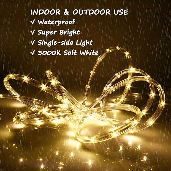 33ft Strip Lights Outdoor, LED Flat Flexible Rope Lighting, 3000K Soft White, Waterproof Connectable Décor Lights for Bedroom Living Room Garden Patio Pergola Christmas Party