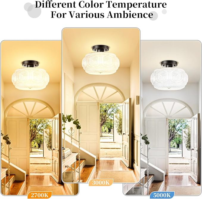 Semi Flush Mount Ceiling Light, Upgraded Larger Milk Glass Shade Modern Ceiling Light Fixture, Vintage Black Lighting for Hallway Bedroom Entryway Kitchen Porch