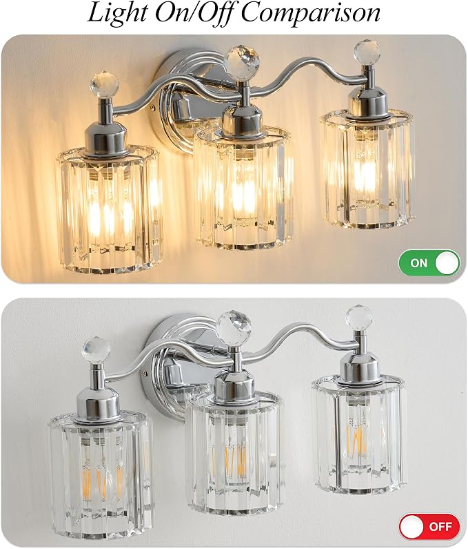 Bathroom Light Fixtures, 3-Light Vanity Light Over Mirror, Polished Chrome Wall Sconces with Clear Crystal Shades, Wall Lamp for Living Room Bedroom, E26 Base(Bulbs Not Included)