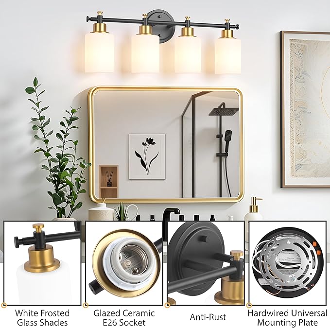 4-Light Bathroom Vanity Light, Modern Black and Gold Vanity Lights for Bathroom, White Frosted Glass Shades, Anti-Rust Vanity Light Fixture over Mirror, 23 Inch (Bulbs Not Included, E26 Base)