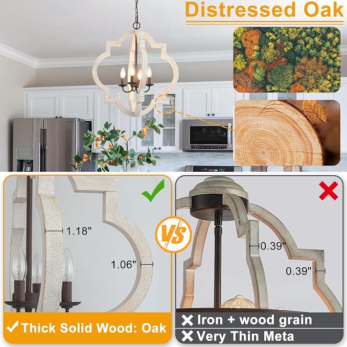 22" Farmhouse Chandelier Distressed White Wood Dining Room Light Fixture | Oak, Rustic Country Style, Large Lantern, 4-Light Hanging Pendant Light For Foyer Entryway Kitchen Island Bedroom Over Table