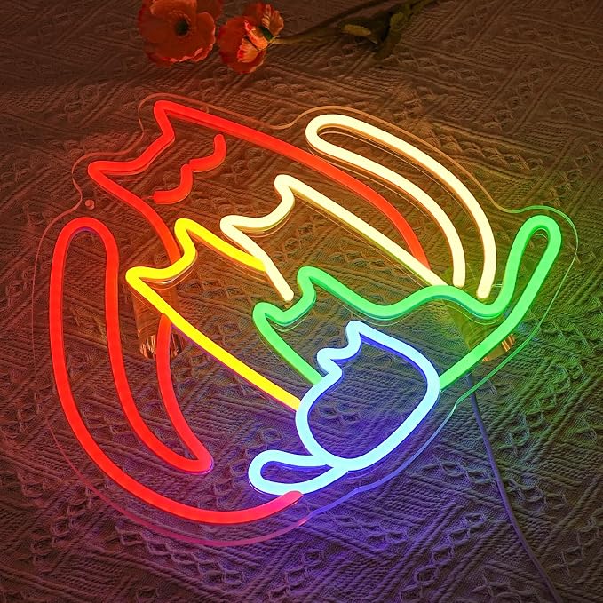 Colorful Cat Neon Sign for Wall Decor Rainbow Cat Led Sign Animal Neon Light Dimmable Pet LED Light Sign for Bedroom Men Cave Home Party Home Decor