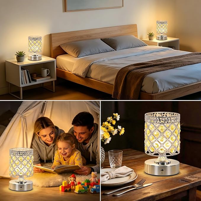 Yellow Small Crystal Rechargeable Cordless Table Lamps Set of 2 | 6000mAh Battery, 3 Color Temps, Stepless Dimming, Touch Control, Portable Wireless Night Light for Bar Bedroom Living Room