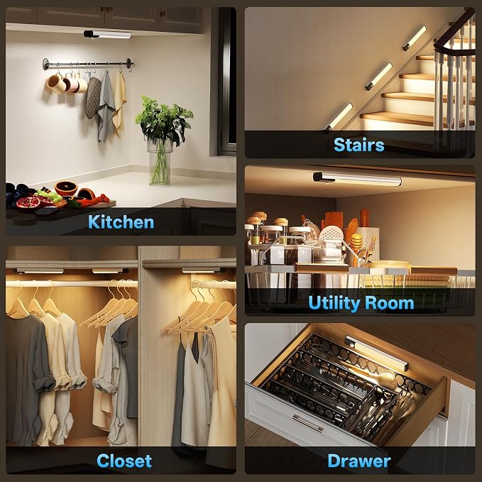 8inch Under Cabinet Lighting Wireless Closet Light Battery Operated | 6Pack Motion Sensor Light Indoor,3color Dimmable Closet Light Rechargeable Wireless,Under Counter Lights for Kitchen,Hallway