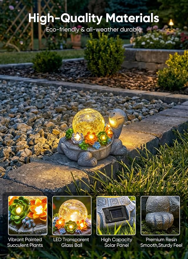 Brightown-Solar-Turtle-Garden-Decor-Statue with 5 Succulent LED Lights, Hand-Painted Resin, IP65 Waterproof Outdoor Decor for Patio, Balcony & Yard Decorations, Unique Mothers Day Gifts for Mom