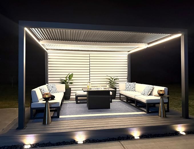 PURPLE LEAF Louvered Pergola 12' x 16' 94AS LED Strip Light 53mph Windproof | Rainproof System, Two Adjustable Roofs, 53Mph Wind, Zero-Rust Aluminum, Plus Hidden LED Ambient Lights.