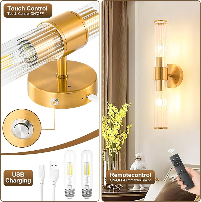 Morauroral Gold Battery Operated Wall Sconces Set of Two, Rechargeable Wall Sconce with Dimmable Remote Control, 20 Inch Wireless Sconce Wall Light for Bedroom, Living Room (Bulbs Included)