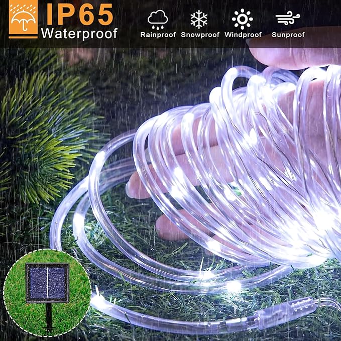 Solar Rope Lights Outdoor Waterproof, 33FT 135 LED Solar String Lights for Outside, White 8 Modes Solar Powered Fairy Light for Pool Trampoline Backyard Patio Tree Party Decorations, White