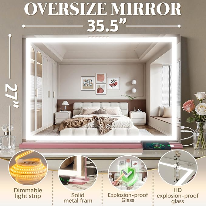 FENNIO Large Vanity Mirror with Lights，35.5" x 27" LED Makeup Mirror，Hollywood Mirror with 3 Color Modes & Adjustable Brightness，Vanity Mirror Square Pink