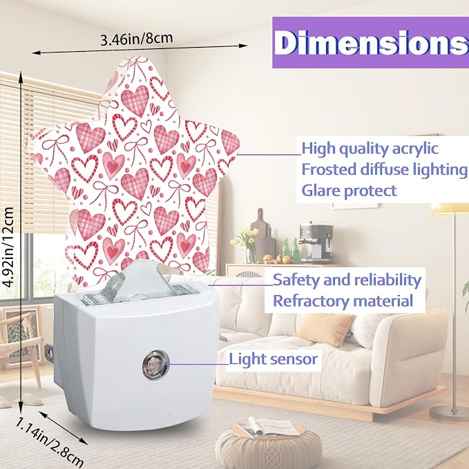 Pink Heart Night Lights Plug Into Wall Decorative,Girls Bow Sleep Friendly Lamp, Energy Efficient Dusk-to-Dawn Sensor Nightlights for Kid Bedroom Nursery Bathroom