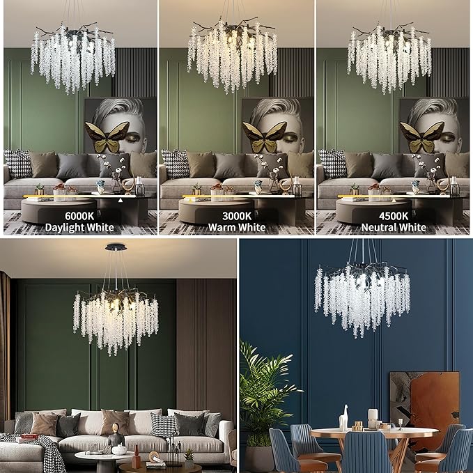 Crystal Tree Branches Chandeliers Luxury Round Raindrop Pendant Light Fixture 8 Light Ceiling Hanging Light for Dining Room Bedroom Living Room Entryway 23.7" Black