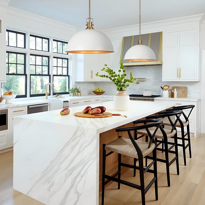 LamQee 18 Inch White and Gold Large Pendant Light Kitchen Island, Farmhouse Modern Dome Pendant Light Fixtures Ceiling Hanging Lighting Chandelier for Dining Room Over Table, Bar, Hallway, Entryway