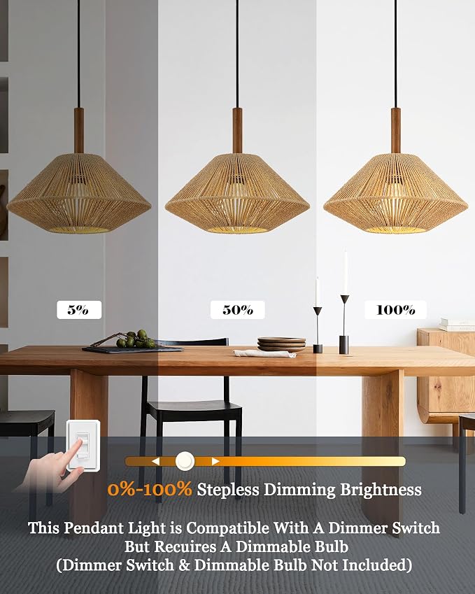 ELYONA 12.6" Boho Pendant Light Fixtures, Rattan Woven Pendant Light with Solid Ash Wood, Hanging Light for Kitchen Island, Farmhouse Ceiling Light for Dining Room Bedroom Living Room