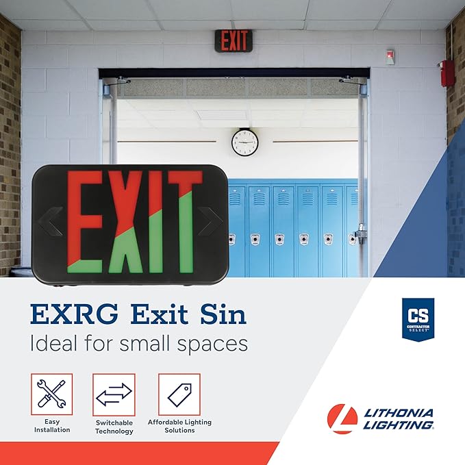 Lithonia Lighting EXRG B EL M6 LED Exit Sign with Switchable Red and Green Letters, California Certified, Nickel Metal Hydride Battery, Black