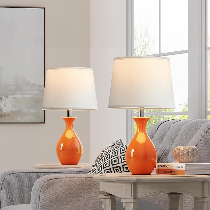 Table Lamp Set of 2, Modern Ceramic Bedside Lamps for Night Stands, Classic Small Lamp Nightstand Lamp for Bedroom Living Room Desk End Table Rocker Swtich Orange