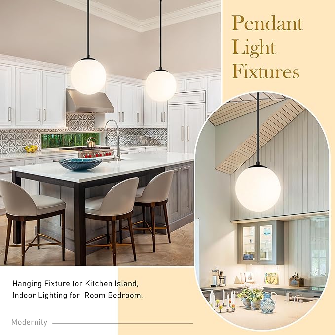 10" Globe Pendant Light Black 2 Pack Mid Century Pendant Light Globe Pendant Lights Kitchen Island Matte Black Finished with Milk Glass Adjustable Ceiling Light Fixtures for Dining Room Bar