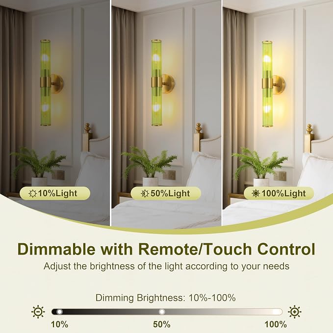 Morauroral Gold Battery Operated Wall Sconces Set of 2, Rechargeable Wall Lights with Remote Control, 20 Inch Modern Wireless Wall Lamp for Bedroom, Living Room with Green Shade (Bulbs Included)
