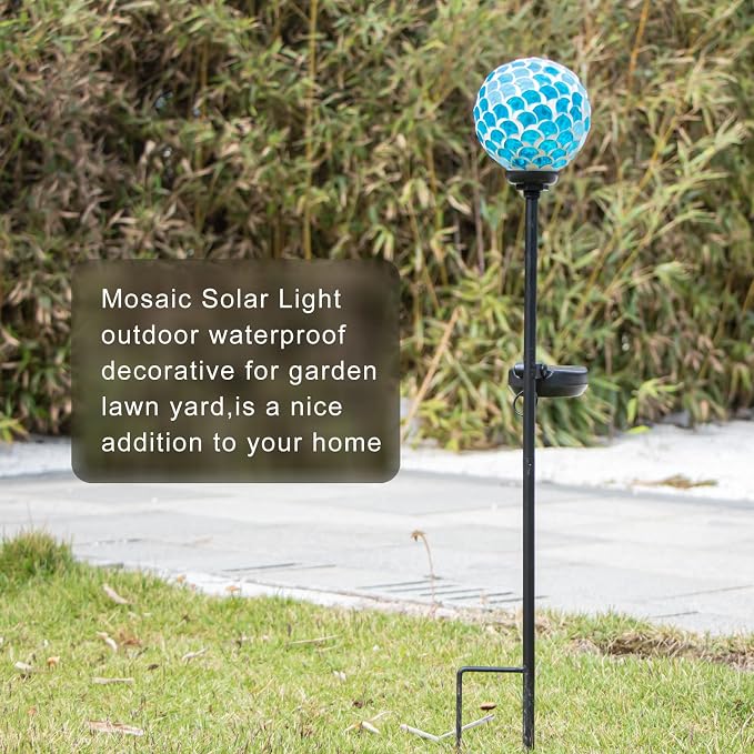 VCUTEKA Decorative Solar Garden Lights, 3.5" Mosaic Globe Outdoor Stake | Mosaic Glass Globe Design, Solar LED Light, Waterproof Design, Auto On/Off and Metal Stake Design for Lawn and Patio