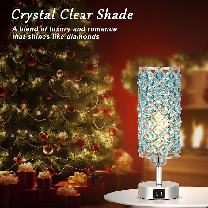 Hong-in Blue Crystal Table Lamp - 3-Way Dimmable Touch Control, Bedside Lamp with USB C and A Ports, Nightstand Light for Living Room, Bedroom, Home Office (Bulb Included)