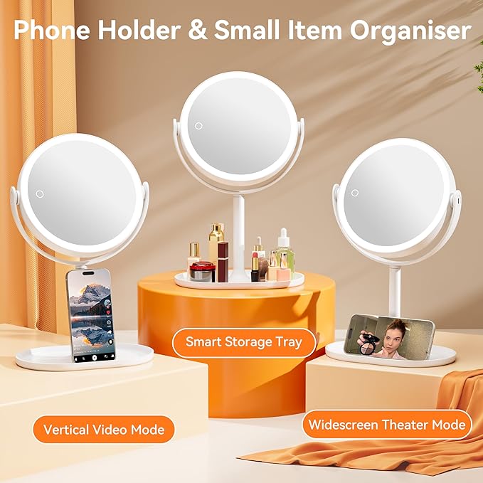Auxmir Makeup Mirror with Lights, Double Sided 30X/1X Magnifying Mirror with Light, 3 Color Stepless Dimmable with Touch Screen, Rechargeable 360° Free Standing Vanity Mirrors for Bathroom, Bedroom