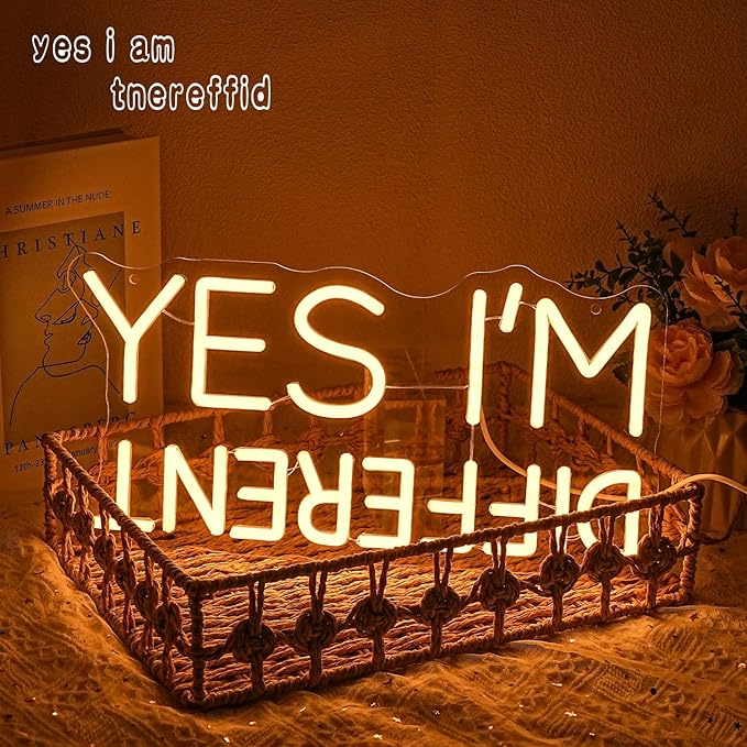 Yes I'm Different Neon Art Sign I'm Different LED Sign Warm White Letter Neon Light Sign Inspirational Quote Light for Motivational Party Music Classroom Bedroom Home Wall Art