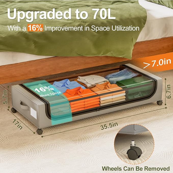 GoMaihe Under Bed Storage with Wheels 70L Grey 2-Pack | Rolling Bins for Shoes Clothes in Dorm Bedroom - Metal Drawers Easy Pull-out