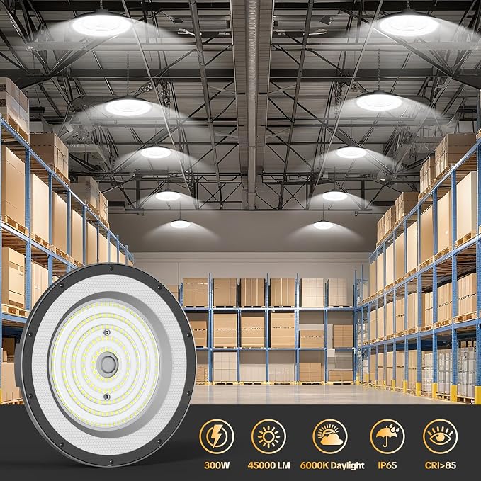 AIKVSXER 300W UFO High Bay Light 24 Pack, 6000K LED Shop Lights Plug & Play | 45000LM Commercial Bay Lighting IP65 Waterproof Garage Light, CRI>85 No Flicker, 120° Beam Angle, 5ft Cable 60000hrs Lifespan