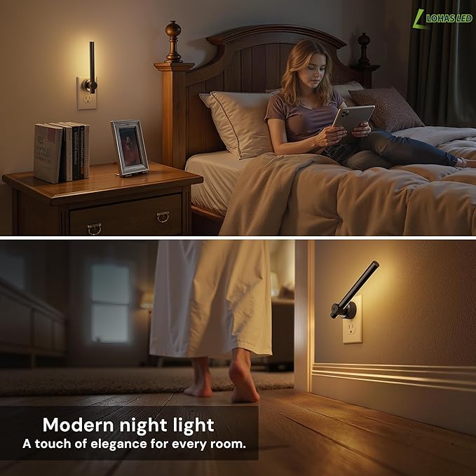 L LOHAS LED Night Light Plug in, 2Pack Dimmable Night Lights Plug into Wall | 330°Rotating Nightlight with Dusk to Dawn Sensor, Soft White, 0-100LM Modern Black Nightlights for Bathroom Mirror Restroom