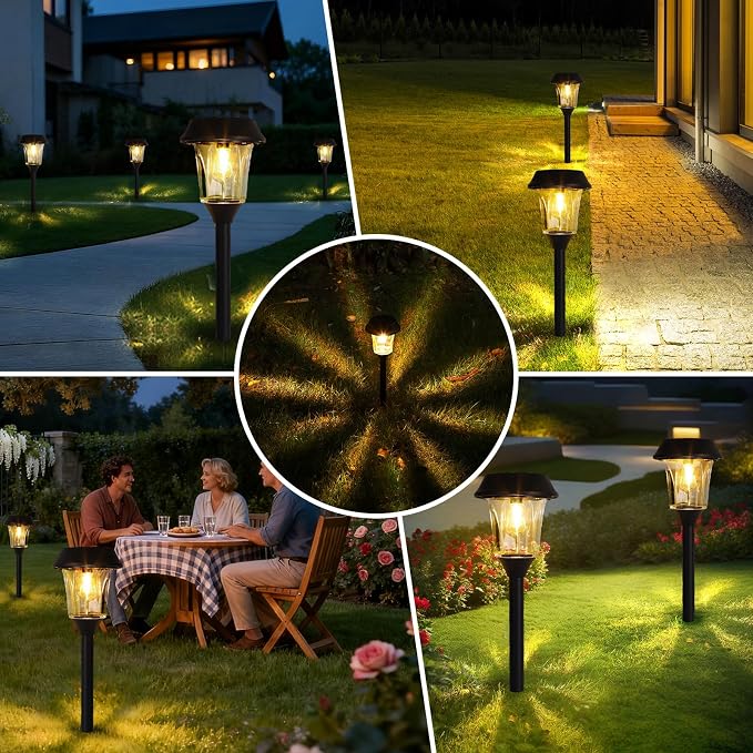 Solar Pathway Lights Outdoor, Landscape Lighting 4 Pack | Stainless Steel & Glas, 12-25 LM Dimmable, Dusk to Dawn, IP65 Waterproof, Outdoor Lights for Yard, Lawn, Walkway, Driveway