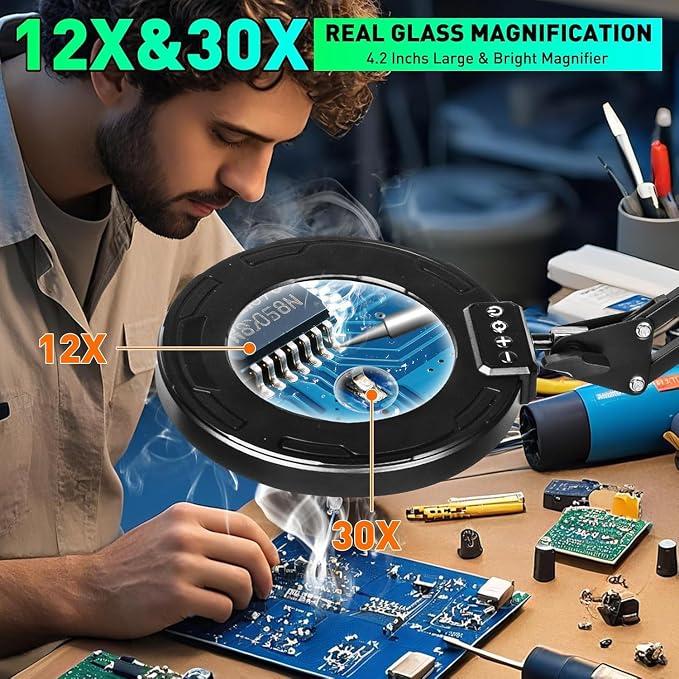 12X 30X Magnifying Glass with Light and Clamp, Soldering Helping Hand | 3-Section Swing Arm Hands-Free Workbench Lighted Magnifier, 5 Color Stepless Dimming, LED Desk Lamp for Craft Hobby Painting