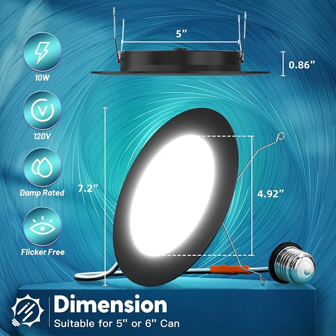 FREELICHT 12 Pack Retrofit LED Recessed Lighting 6 Inch, 5CCT, Black | 2700K/3000K/4000K/5000K/6000K Selectable, Dimmable Flat Can Lights, 1000LM Brightness, 10W, IC & Damp Rated, ETL & FCC