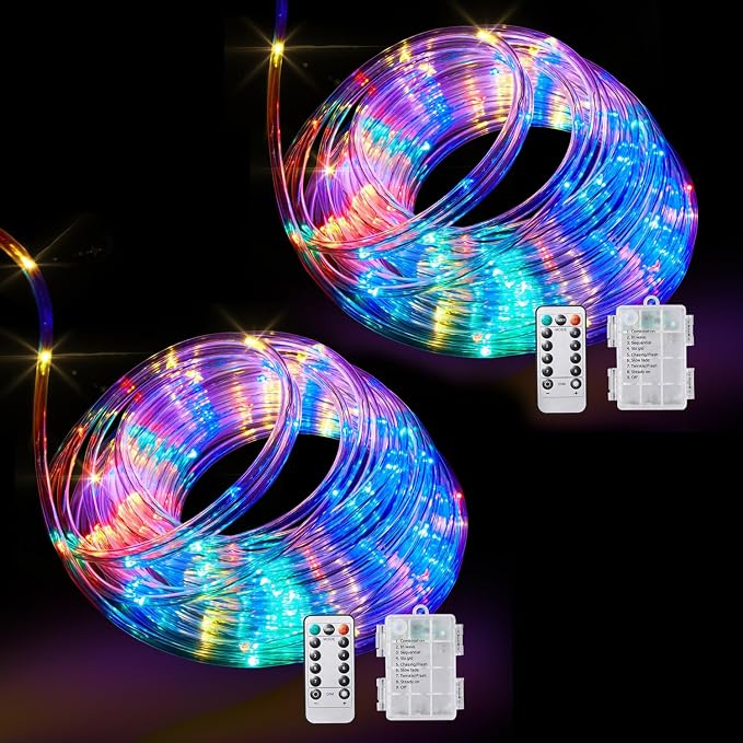 LED Rope Lights Battery Operated String Lights 40Ft 120 LEDs 8 Modes | IP65 Waterproof Battery Powered Rope Lights With Dimmable Remote for Party Garden Holiday Decoration 2Pack