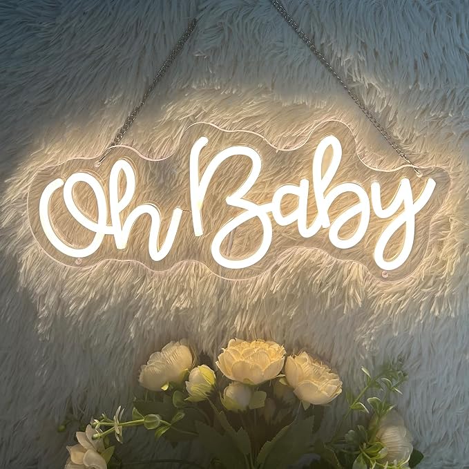 Oh Baby Neon Sign for Wall Decor, USB Powered Light Up Sign for Baby Shower | Warm White Backdrop for Gender Reveal, Birthday Party, Wedding Decorations, 16" x 7"