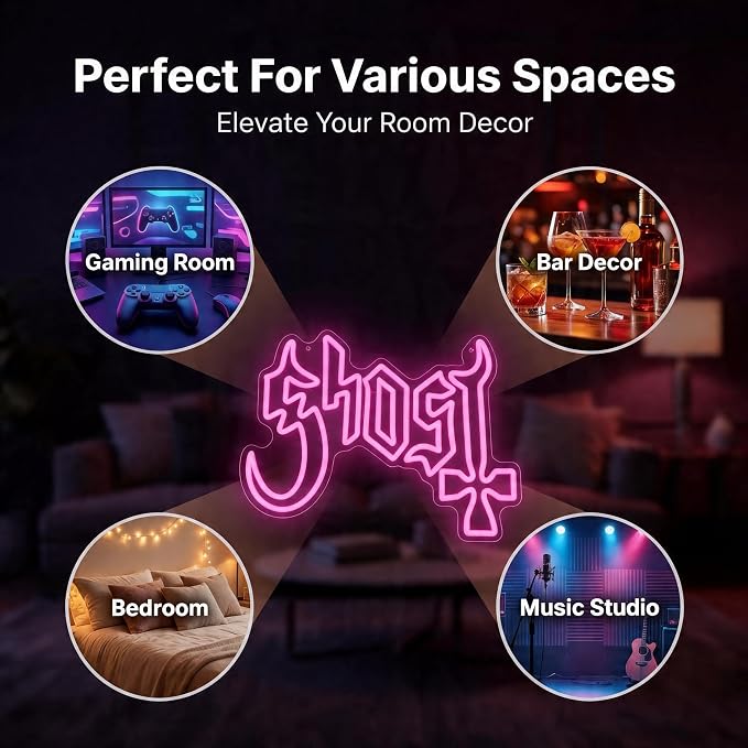 Ghost Neon Sign, Pink Neon Sign,Music Decor | Acrylic, Wall Mount, Gaming Theme, Contemporary Style, 12.2x16.5IN