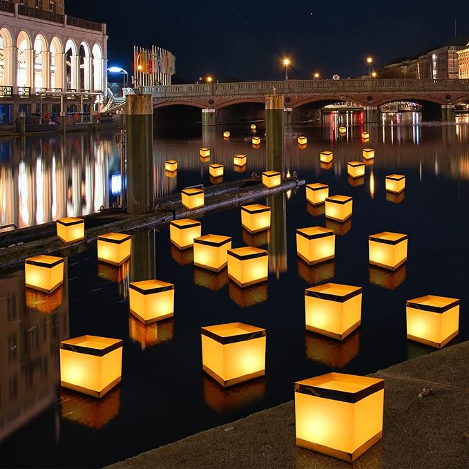 12Pack Reusable Floating Square Lanterns with LED Flameless Candles, Decorative Outdoor Table Lanterns for Weeding, Lawn, Pool, Wishing