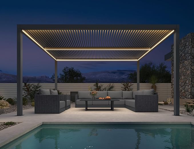 PURPLE LEAF Louvered Pergola 11' x 14' 94AS LED Strip Light 53mph Windproof | Rainproof Dry System With Hidden LED Strip Lights, All-Aluminum Rustproof, DIY-Friendly Install, Integrated Drainage System