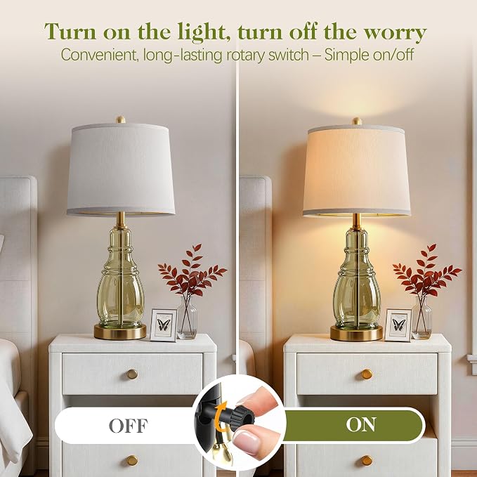 ROTTOGOON Glass Table Lamp Set of 2, Modern Table Lamps for Living Room Bedroom, Bedside Desk Lamps Vintage Nightstand Lamps with Linen Shades, 22", Green