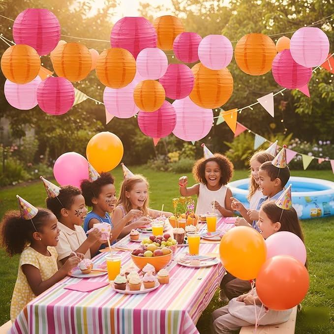 12pcs Hot Pink and Orange Paper Lanterns - Round Ceiling Hanging Paper Lampshades,for Birthday, Baby Shower, Wedding, Party Decorations (4", 6", 8", 10")