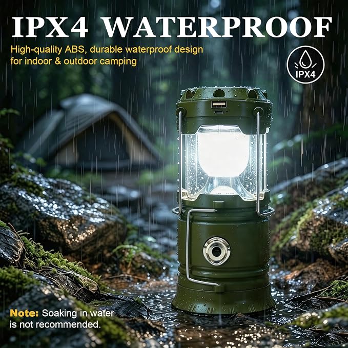 DIBMS 4-Pack Solar Camping Lantern, Collapsible Flashlight Emergency Lights | LED Solar USB Rechargeable Lamp Tent Hanging Lights Survival Kits for Hurricanes Power Outages Indoor Outdoor (Army Green)