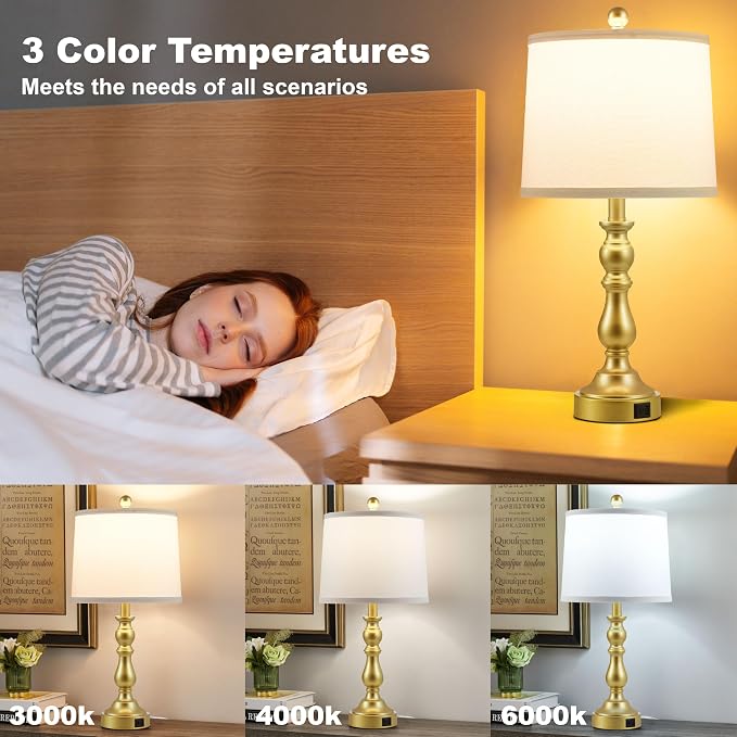 Farmhouse Side Table Lamps for Living Room Set of 2 with USB C+A Ports, Bedside Lamp for Bedroom, Dining Room Decor, Office, End Table, Knob Switch, 3 Color Temperatures, Bulb Included, Gold