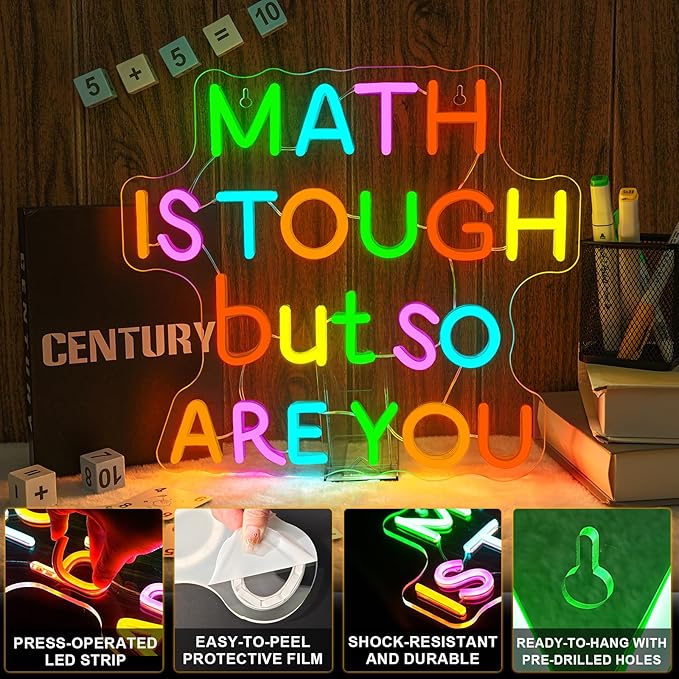 Classroom LED Sign Math Is Tough But So Are You Neon Sign for Wall Decor Math Lights Up Sign for Classroom Library Bedroom Reading Neon Signs LED Gifts for Art Teachers Teens
